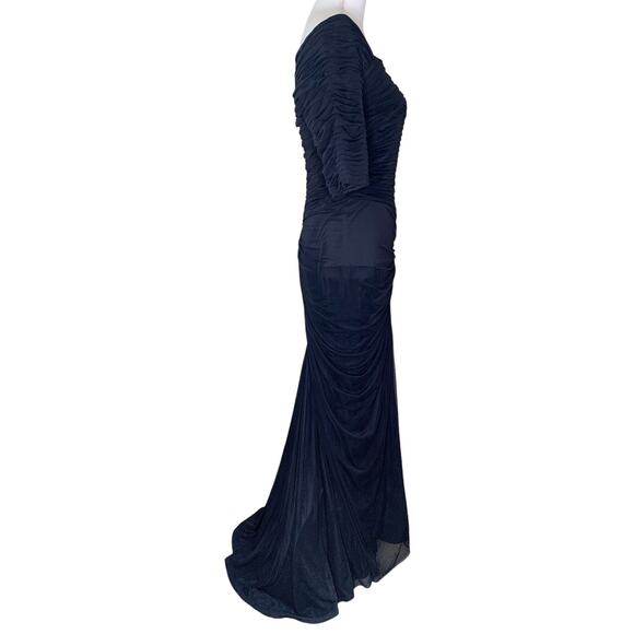 Tadashi Shoji Asymmetric Ruched Draped Black Mesh Sleeve Full Length Gown - Picture 5 of 7